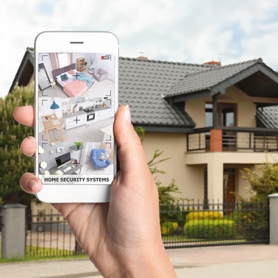 Eugene vivint phone display of cctv live feed in front of a house